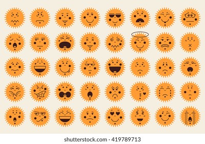 Set of 40 emoticon icons in sun shape. Emoji concept isolated on white background. Flat design. Vector illustration.