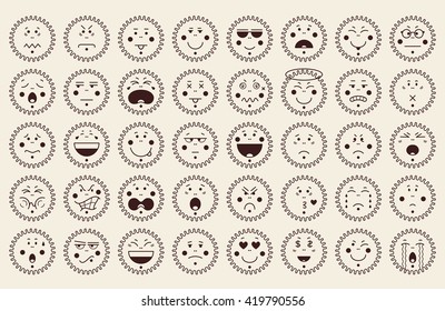 Set of 40 emoticon icons in sun shape. Emoji concept isolated on white background. Line design. Vector illustration.