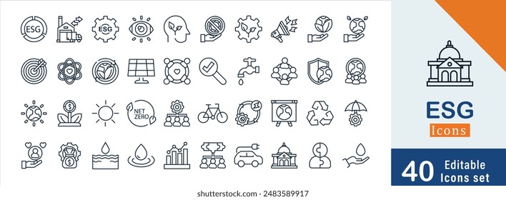 Set of 40 ESG Environmental, Social, and Governance line icons set. ESG outline icons with editable stroke collection. Includes Sustainability, Solar Panel, Recycling, Green City, Net Zero, and More. 