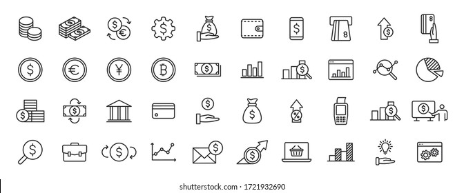 Set of 40 Finance and Money and Payment web icons in line style. Business, investment, financial, banking ,dollar, bank, cash, coin exchange, pay. Vector illustration.