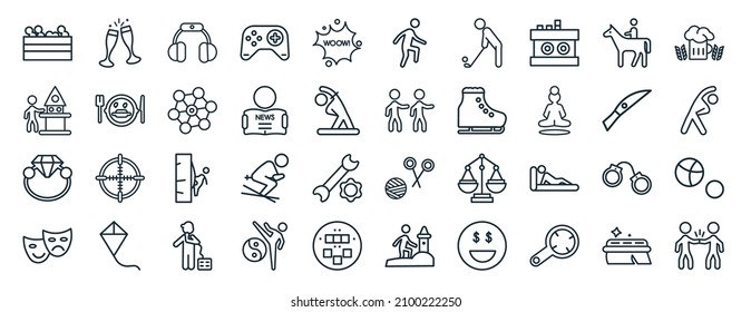 set of 40 flat activity and hobbies web icons in line style such as hang out, model building, jewelry making, acting, knife making, brewing, jogging icons for report, presentation, diagram, web