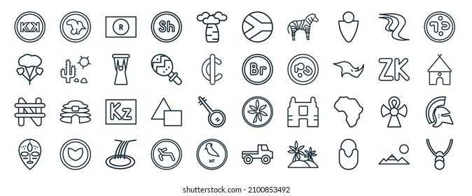 set of 40 flat africa web icons in line style such as malawian kwacha, marula, nigerian naira, african, zambian kwacha, aerian dinar, south africa icons for report, presentation, diagram, web design