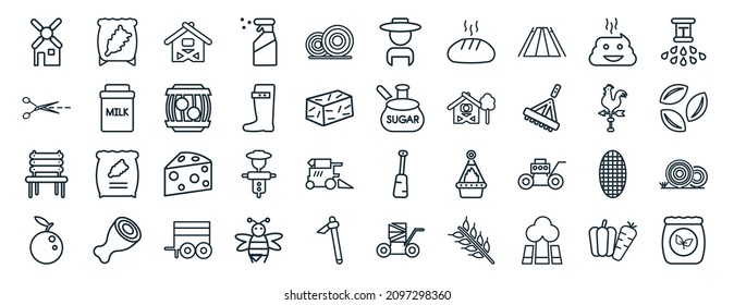 set of 40 flat agriculture web icons in line style such as sack, shears, garden bench, fruit, vane, sprinkler, farmer icons for report, presentation, diagram, web design