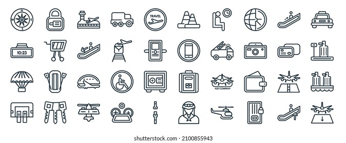 set of 40 flat airport terminal web icons in line style such as luggage security, terminal watch, parachute open, passenger passway, two credit cards, airport taxi, road cone icons for report,