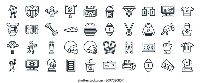 Set Of 40 Flat American Football Web Icons In Line Style Such As Shield, Back Protection, American Football Cheerleader Jump, Catching The Ball, Picking The Ball, American Football Jersey, Soda