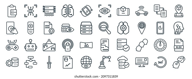 set of 40 flat artificial intelligence web icons in line style such as eye tap, touch screen, game control, efficiency, rotation, tracking, view icons for report, presentation, diagram, web design
