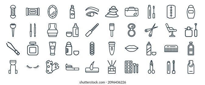 set of 40 flat beauty web icons in line style such as wet wipes, tint brush, tweezers, curler, beauty salon chair, shampoo, spa icons for report, presentation, diagram, web design