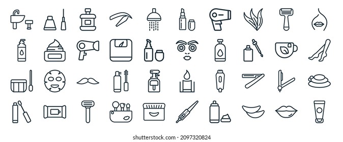 set of 40 flat beauty web icons in line style such as eyeliner, face cleanser, sauna, lip gloss, tea, woman face, lipstick icons for report, presentation, diagram, web design