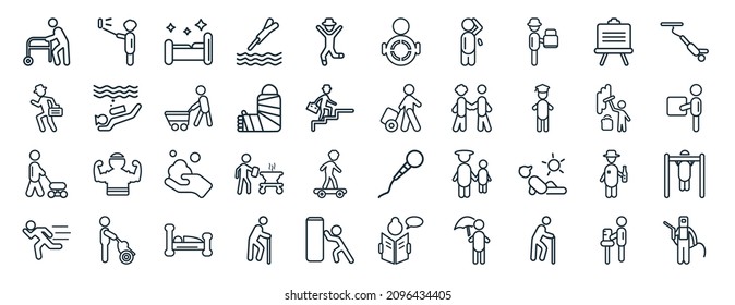 set of 40 flat behavior web icons in line style such as man selfie, going to work, cutting lawn, man running, man painting wall, going bungee jumping, driving icons for report, presentation,