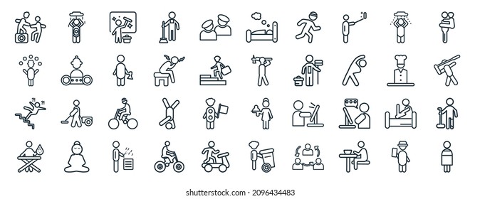 set of 40 flat behavior web icons in line style such as man showering, circus man, man falling, ironing, cooking, piggyback a kid, sleeping icons for report, presentation, diagram, web design