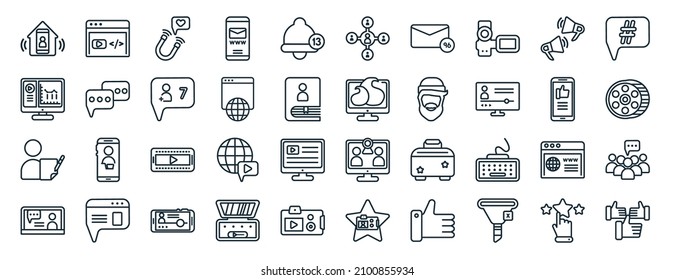 set of 40 flat blogger and influencer web icons in line style such as script, statistics, copywriter, vlogger, phone, hashtag, social network icons for report, presentation, diagram, web design