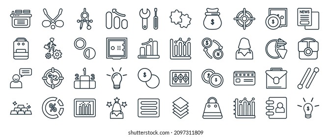 set of 40 flat business web icons in line style such as golf sticks, supermarket bag, man talking, stack of gold, pie chart statistics, newspaper page, puzzle game piece icons for report,