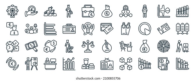 set of 40 flat business web icons in line style such as euro coin on hands, businessman with pounds message in a speech bubble, dollar on business time, return of investment, broken credit card,