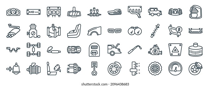 set of 40 flat car parts web icons in line style such as car numberplate, car exhaust, crank, sump, fog lamp, brake light, reversing light icons for report, presentation, diagram, web design
