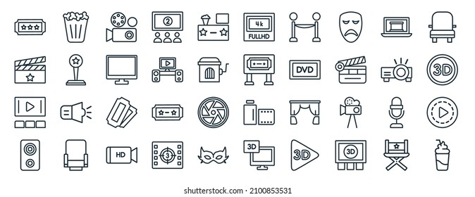 set of 40 flat cinema web icons in line style such as popcorn bag, cinema clapperboard, movie theatre, loud woofer box, image projector, cinema seats, 4k fullhd icons for report, presentation,