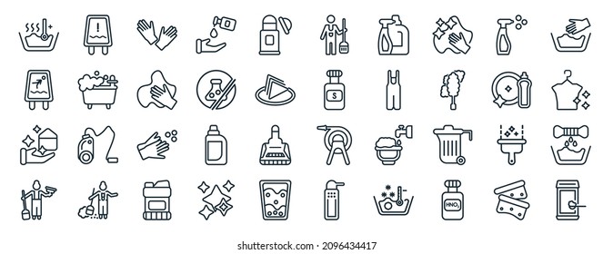 set of 40 flat cleaning web icons in line style such as wet floor, slippery, clean-living, charwoman, washing dishes, delicate, housekeeping icons for report, presentation, diagram, web design