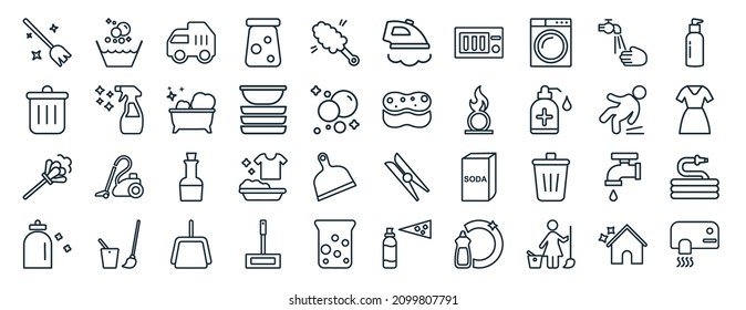 set of 40 flat cleaning web icons in line style such as soak, trash, feather duster, softener, slippery, emulsion, ironing icons for report, presentation, diagram, web design
