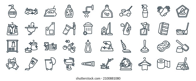 set of 40 flat cleaning web icons in line style such as clean car, dry, rack, washing hand, compress cleanin, no water cleanin, wiping dustpan icons for report, presentation, diagram, web design