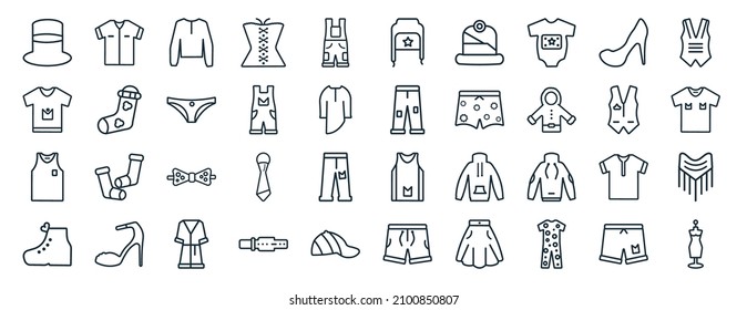 set of 40 flat clothes web icons in line style such as chemise, t shirt, sleeveless shirt, brisk boots, waistcoat, vest, ushanka icons for report, presentation, diagram, web design