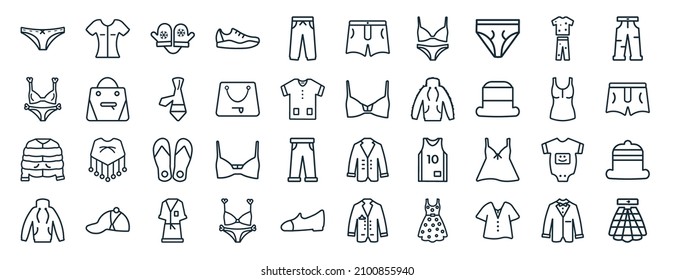 set of 40 flat clothes web icons in line style such as blouse, bra  knicker, puffer jacket, turtleneck, tank top, jeans, boxers icons for report, presentation, diagram, web design