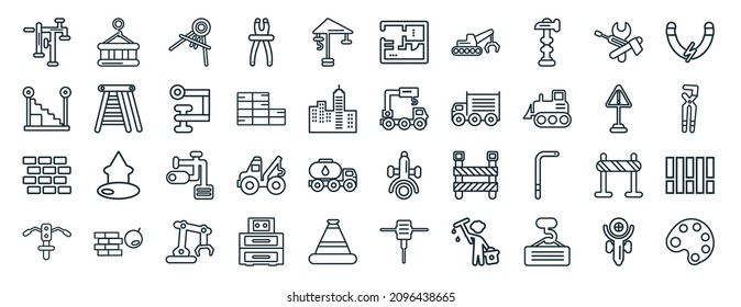 set of 40 flat construction web icons in line style such as derrick with pallet, stairs with handle, brickwall, inclined picker, working, inclined magnet, house plan icons for report, presentation,