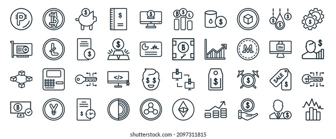 Satz von 40 flachen kryptowährenden Web-Icons im Linienstil wie Bitcoins, VGA-Karte, Blockchain, Bitcoin akzeptiert, sha 2, Economy-Getriebe, Stock-Icons für Bericht, Präsentation, Diagramm, Web-Design