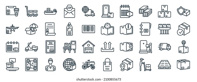set of 40 flat delivery and logistic web icons in line style such as package on trolley, delivery by plane, delivery schedule, weighing, conveyor, logistic protection, to the door icons for report,