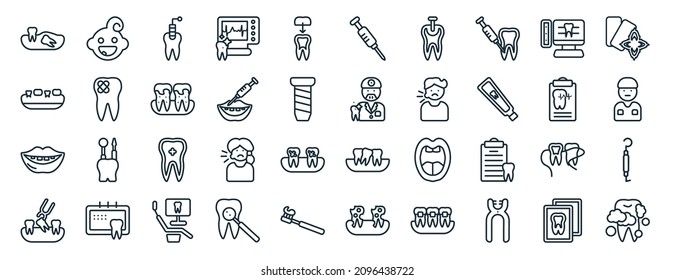 set of 40 flat dentist web icons in line style such as baby dental, partial denture, mouth, tooth extraction, health report, mint gum, empty syringe icons for report, presentation, diagram, web