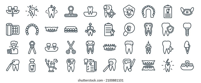 set of 40 flat dentist web icons in line style such as white teeth, gauze, chewing gum, scraping, prophylaxis, dentist mask, breath icons for report, presentation, diagram, web design