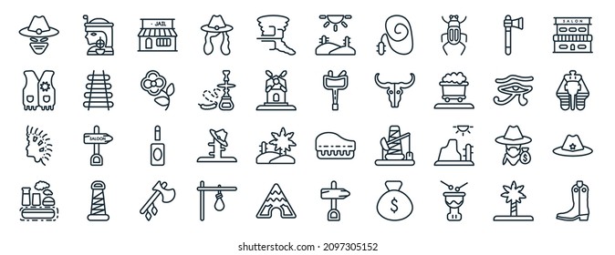 set of 40 flat desert web icons in line style such as cleopatra, cowboy vest, native american, industry, hiero, salon, dunes icons for report, presentation, diagram, web design