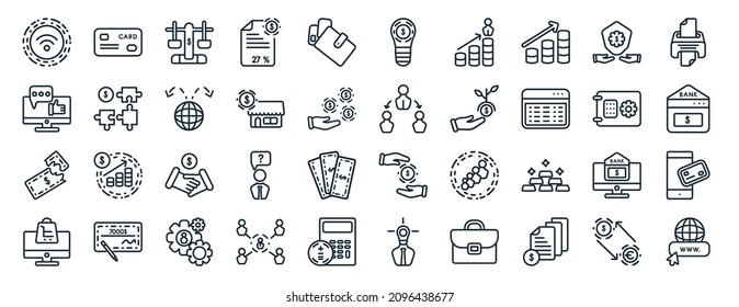 set of 40 flat digital economy web icons in line style such as credit card, social media, loss, online shop, safebox, printer, light bulb icons for report, presentation, diagram, web design