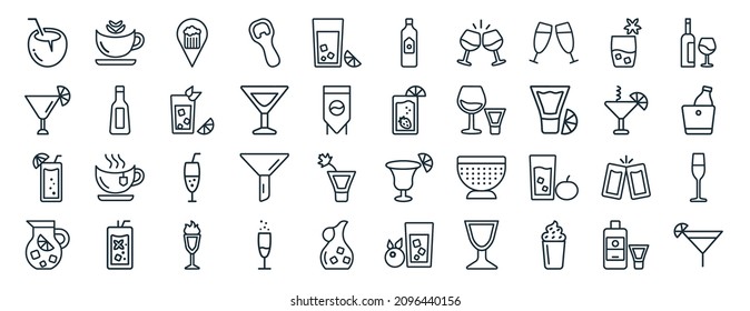 set of 40 flat drinks web icons in line style such as cappuccino, cocktail, tropical itch, sangria, blue lagoon, alcohol, gin icons for report, presentation, diagram, web design