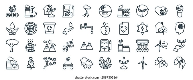 set of 40 flat ecology web icons in line style such as recycling factory, save water, tree of circular foliage, eco factory, green home, eco light, natural product icons for report, presentation,