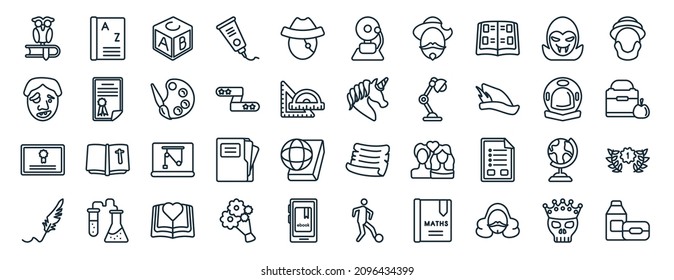 set of 40 flat education web icons in line style such as dictionary, quasimodo, merit, quill, astronaut, robinson crusoe, school bell icons for report, presentation, diagram, web design