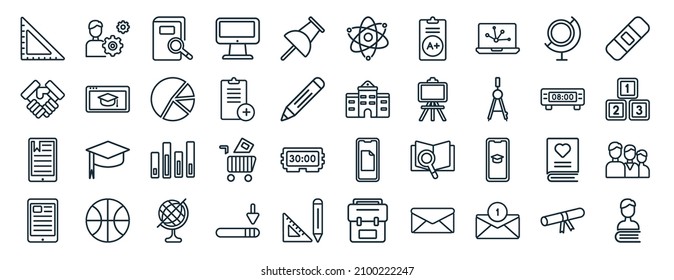 set of 40 flat education web icons in line style such as users tings, shake hands, tactile tablet, tablet, digital display 60, eraser, atomic orbitals icons for report, presentation, diagram, web