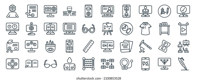 set of 40 flat education web icons in line style such as grades, ask, diploma, maths, teacher desk, progress, qualification icons for report, presentation, diagram, web design