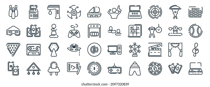 set of 40 flat entertainment and arcade web icons in line style such as arcade game, virtual reality glasses, billiards, magic cards, playground, bingo, shooter icons for report, presentation,