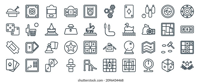 set of 40 flat entertainment web icons in line style such as carrom,  , gold ticket, card game, board game blocks, game chips, with hexagons icons for report, presentation, diagram, web design