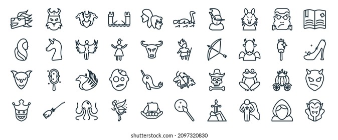 set of 40 flat fairy tale web icons in line style such as dwarf, rapunzel, goblin, king, magic mirror, spellbook, loch ness monster icons for report, presentation, diagram, web design