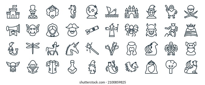 set of 40 flat fairy tale web icons in line style such as magician, fanfare, mermaid, thor, giant, jolly roger, shipwreck icons for report, presentation, diagram, web design