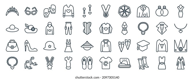 set of 40 flat fashion web icons in line style such as cat eyes, round hat, purses, accesory, tux, neckline dress, star medal icons for report, presentation, diagram, web design