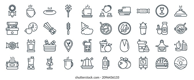 set of 40 flat food web icons in line style such as hot chote, snack booth, polvoron, kitchen pot, dairy, serving dish, tea ceremony icons for report, presentation, diagram, web design