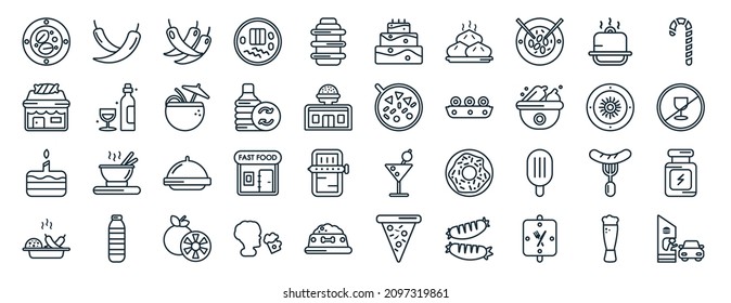 set of 40 flat food web icons in line style such as hot pepper, candy shop, celebration cake, spicy food, yusheng, christmas candy sticks, cake with one candle icons for report, presentation,