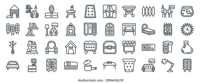 set of 40 flat furniture web icons in line style such as living room, room divider, coat stand, headboard, rug, fish bowl, curtain icons for report, presentation, diagram, web design