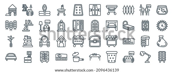 set of 40\
flat furniture web icons in line style such as living room, room\
divider, coat stand, headboard, rug, fish bowl, curtain icons for\
report, presentation, diagram, web\
design