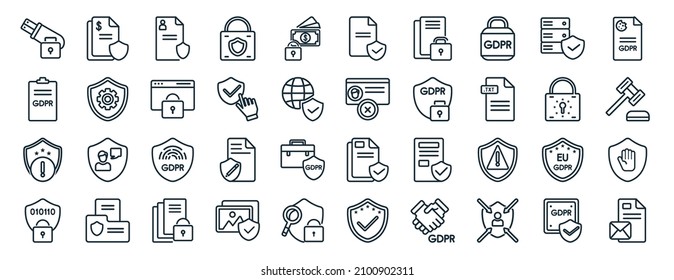 set of 40 flat gdpr web icons in line style such as penalty, information, alert, encryption, lock, cookie, child consent icons for report, presentation, diagram, web design svg