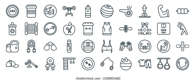 set of 40 flat gymandfitness web icons in line style such as protein, isotonic, kettlebells, headgear, diet, triceps bar, pilates ball icons for report, presentation, diagram, web design