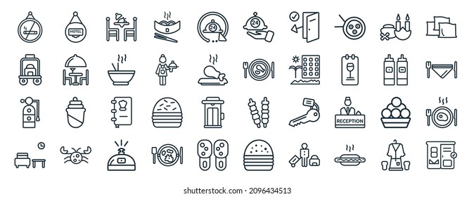 set of 40 flat hotel web icons in line style such as hotel, luggage, extinguisher, lounge, sauces, pillow, room service icons for report, presentation, diagram, web design