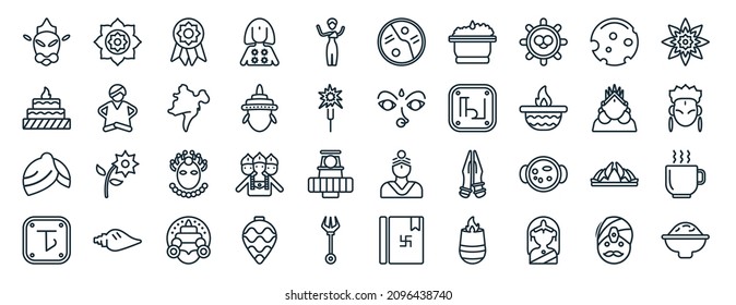 set of 40 flat india web icons in line style such as chakra, yagna, turban, bengali language, ardhanareeswara, mandala, sarnaism icons for report, presentation, diagram, web design