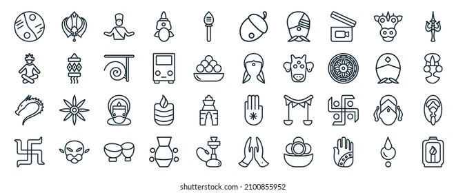 set of 40 flat india web icons in line style such as sikhism, lakshmi, kali, swastica, indian man, shaivism, nut icons for report, presentation, diagram, web design